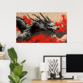 赤威厳のある中国のインク付きドラゴン(ばちゃばちゃ)跳ねる ポスター (ホームオフィス)