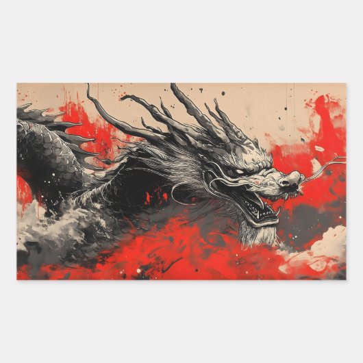 赤威厳のある中国のインク付きドラゴン（ばちゃばちゃ）跳ねる 長方形シール (正面)