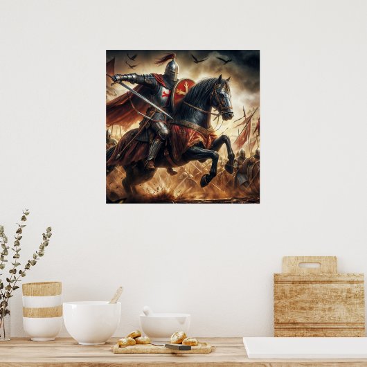 赤威厳のある色の十字軍騎士 ポスター (キッチン)