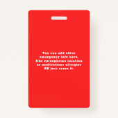 赤学生写真食品アレルギー警報 バッジ (裏面)