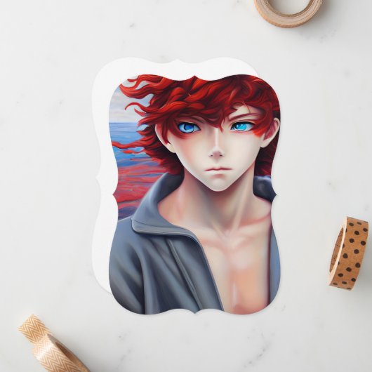 赤巻き毛油絵付きアニメ少年 ノートカード (正面/裏面インサイチュ)