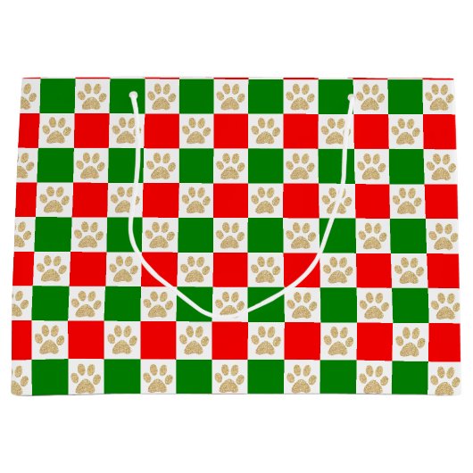 赤市松模様にと緑のクリスマスをプリント ラージペーパーバッグ (正面)