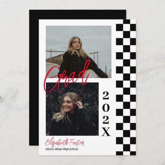 赤市松模様に卒業式招待状付きb&w 招待状 (正面/裏面)