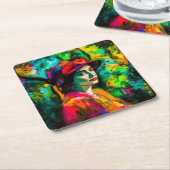 赤帽の女性 スクエアペーパーコースター (アングル)