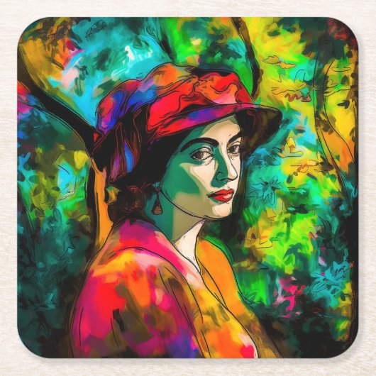 赤帽の女性 スクエアペーパーコースター (正面)