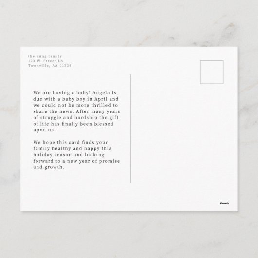 赤年新恵み妊娠の発表 シーズンポストカード (裏面)