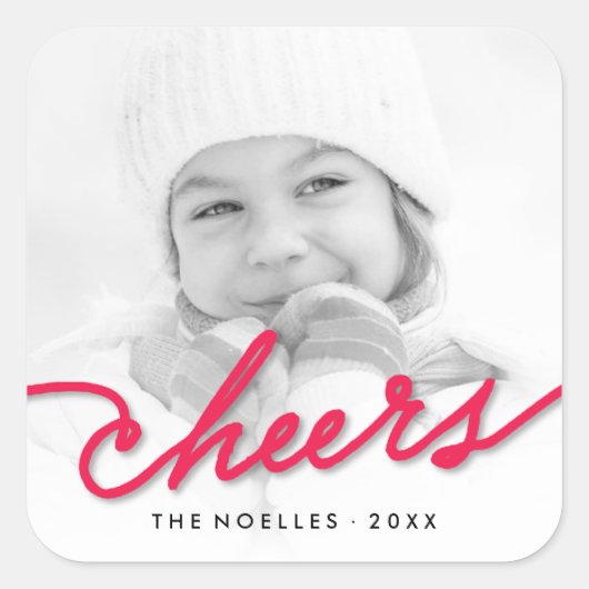 赤応援書道台本モダン写真ホリデー スクエアシール (正面)