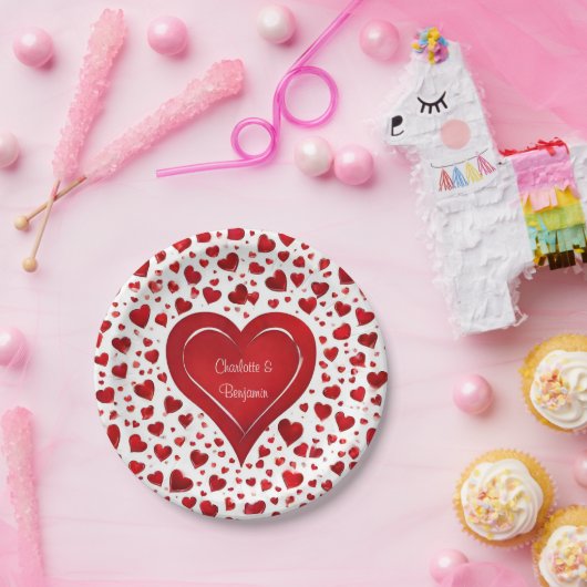 赤恋ハートパターンバレンタイン名パーティー ペーパープレート (パーティー)