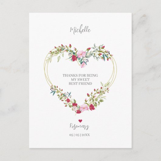 赤感謝してい最高のとピンクの友だちのフローラハート ポストカード (正面)