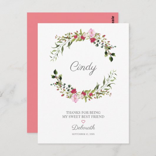 赤感謝してい&ピンクのYour Bestfriendsフローラリース ポストカード (正面/裏面)