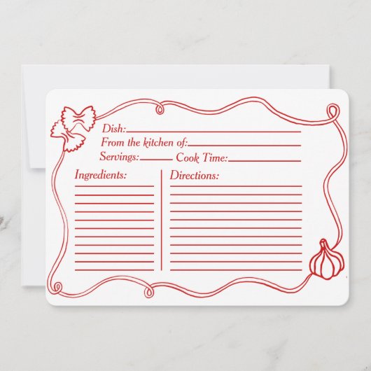 赤手引きブライダルシャワーイタリアンレシピカード ノートカード (正面)