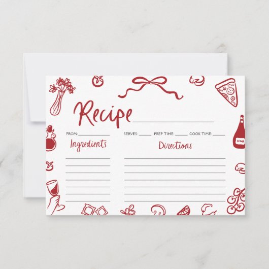 赤手引きブライダルシャワーイタリアンレシピカード 招待状 (正面)