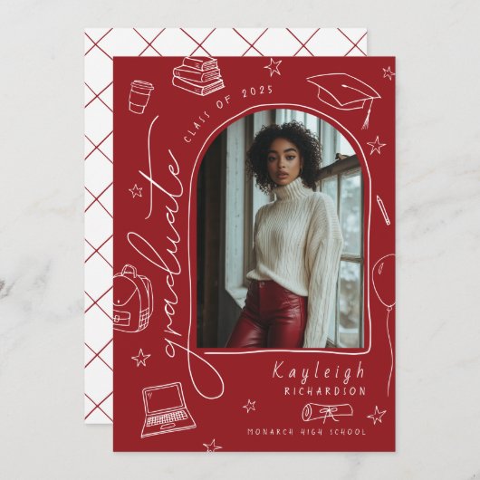 赤手引きレトロ卒業発表 案内状 (正面/裏面)