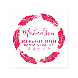 赤手描き羽毛ファミリ名差出人住所 セルフインキングスタンプ