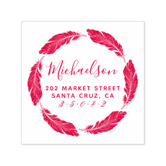 赤手描き羽毛ファミリ名差出人住所 セルフインキングスタンプ