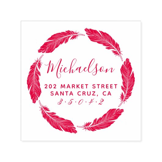 赤手描き羽毛ファミリ名差出人住所 セルフインキングスタンプ (デザイン)