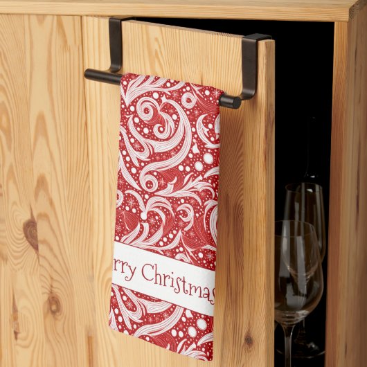 赤抽象芸術スノーフレーク・パターン#10 ID1009 キッチンタオル (三つ折り)