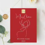 赤抽象芸術トナカイのビジネスクリスマスカード<br><div class="desc">赤い背景と白い抽象芸術1行トナカイ。ビジネスのロゴ、名前、年をカスタマイズして追加する。文字：メリークリスマス。戻る：メッセージを追加する1枚= 1枚の招待状を印刷したエッジからエッジ</div>