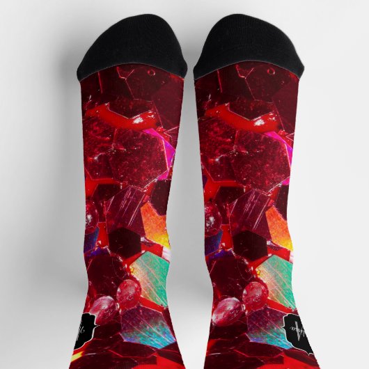 赤抽象芸術モザイク光沢のあるグリッターパターンモノグラム ソックス (上部)