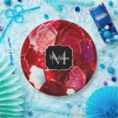 赤抽象芸術モザイク光沢のあるグリッターパターンモノグラム ペーパープレート (パーティー)