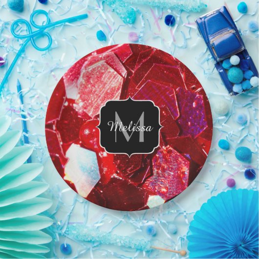 赤抽象芸術モザイク光沢のあるグリッターパターンモノグラム ペーパープレート (パーティー)