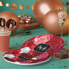 赤抽象芸術モザイク光沢のあるグリッターパターンモノグラム ペーパープレート