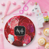 赤抽象芸術モザイク光沢のあるグリッターパターンモノグラム ペーパープレート (パーティー)