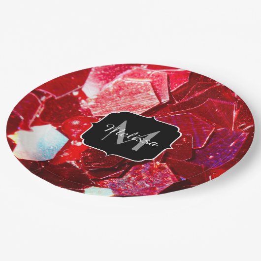 赤抽象芸術モザイク光沢のあるグリッターパターンモノグラム ペーパープレート (アングル)