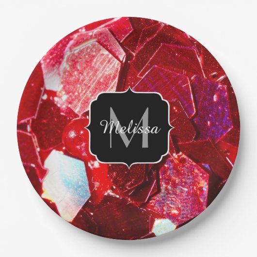 赤抽象芸術モザイク光沢のあるグリッターパターンモノグラム ペーパープレート (正面)