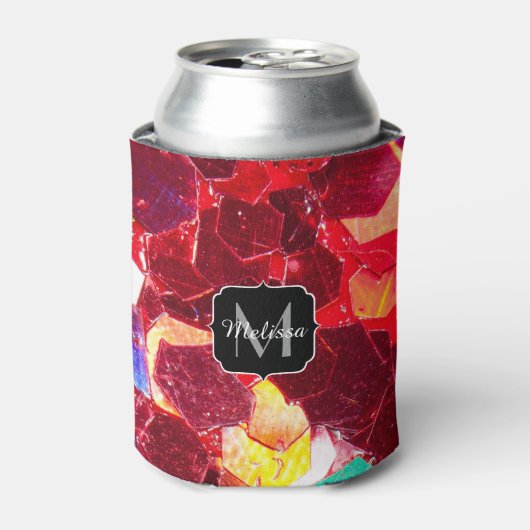 赤抽象芸術モザイク光沢のあるグリッターパターンモノグラム 缶クーラー (缶正面)