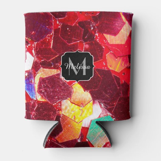 赤抽象芸術モザイク光沢のあるグリッターパターンモノグラム 缶クーラー (正面)