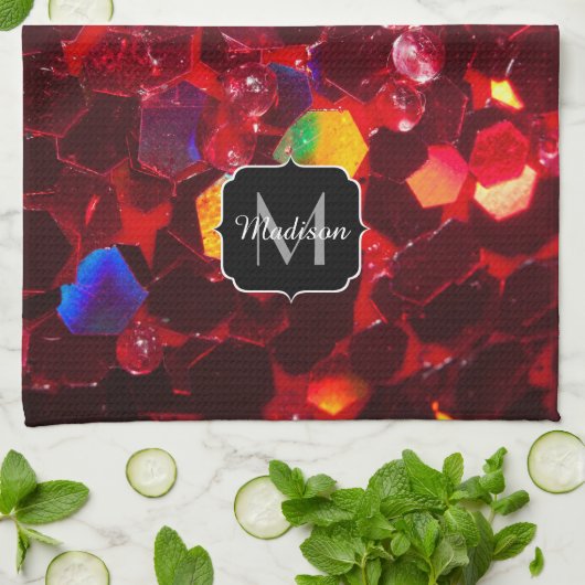 赤抽象芸術モザイク光沢のあるグリッターモノグラムタオル キッチンタオル (折り畳み)