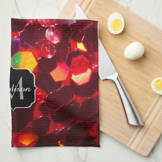 赤抽象芸術モザイク光沢のあるグリッターモノグラムタオル キッチンタオル (四つ折り)
