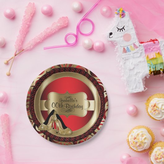 赤抽象芸術00番目の誕生日金ゴールドハイヒール ペーパープレート (パーティー)