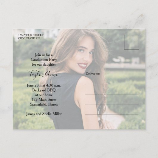 赤数々の写真卒業パーティー招待状 ポストカード (裏面)