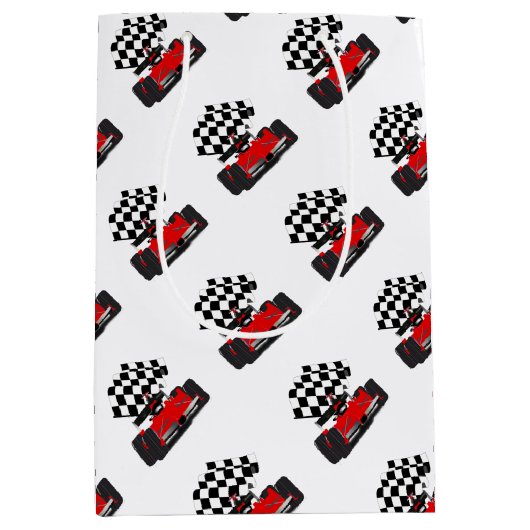 赤旗付きレース市松模様にカー ミディアムペーパーバッグ (正面)