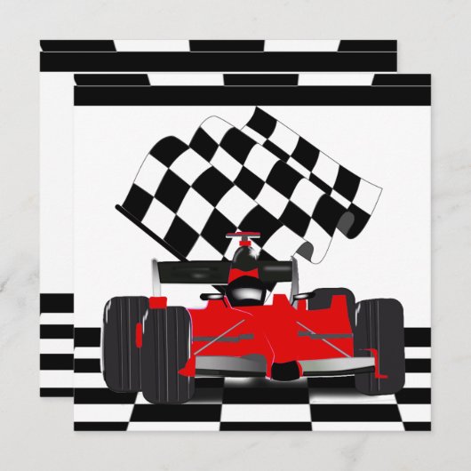 赤旗付きレース市松模様にカー 招待状 (正面/裏面)