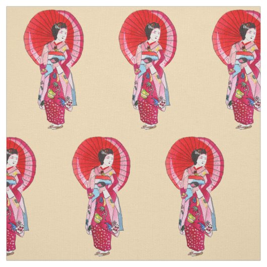 赤日本のい着物の可愛い芸者 ファブリック (見本)