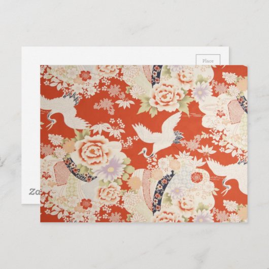 赤日本のきものクレーン模様桜花 ポストカード (正面/裏面)