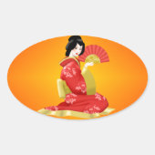 赤日本のドレスを着た華やかな女性 楕円形シール (正面)