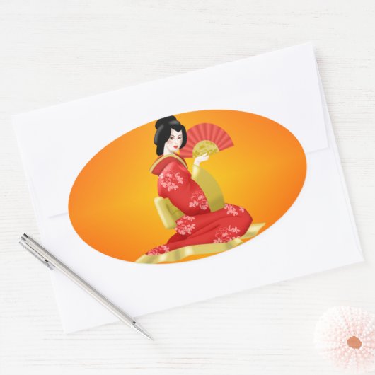 赤日本のドレスを着た華やかな女性 楕円形シール (封筒)