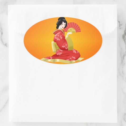 赤日本のドレスを着た華やかな女性 楕円形シール (バッグ)