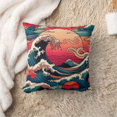 赤日本の日没海ウェーブアート クッション (ブランケット)