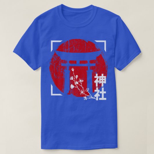 赤日本の日神社と桜さくらんぼブロ Tシャツ (デザイン正面)