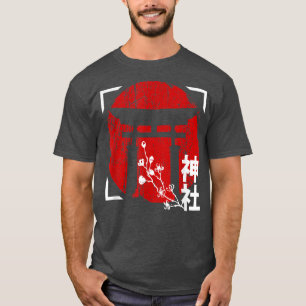 赤日本の日神社と桜さくらんぼブロ Tシャツ