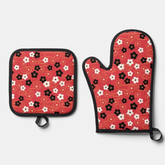 赤日本の桜さくらんぼ花 鍋つかみ&鍋敷きセット (正面)