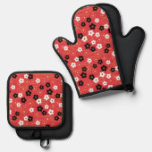 赤日本の桜さくらんぼ花 鍋つかみ&鍋敷きセット (正面/裏面)