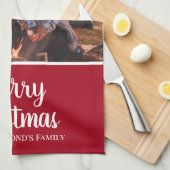 赤枠パーソナライズされた雪の中の写真 キッチンタオル (四つ折り)