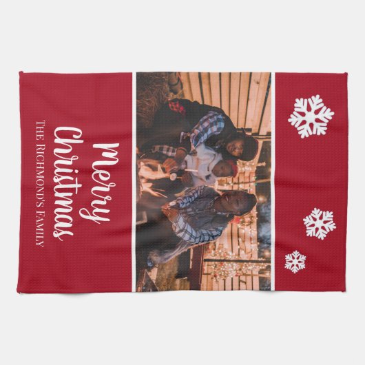 赤枠パーソナライズされた雪の中の写真 キッチンタオル (横)