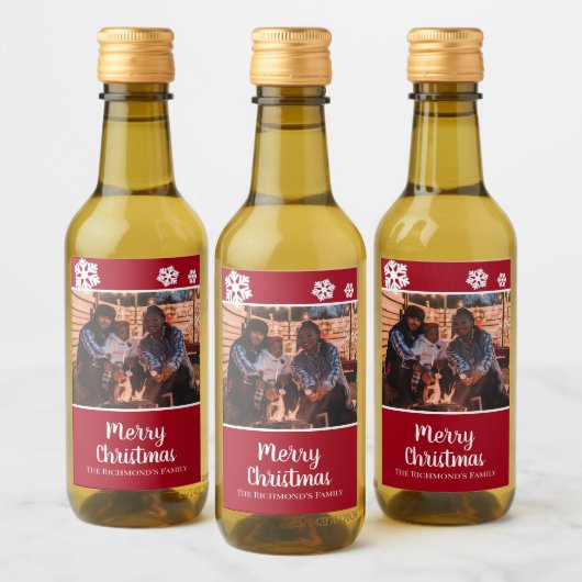 赤枠パーソナライズされた雪の中の写真 ワインラベル (ボトル)